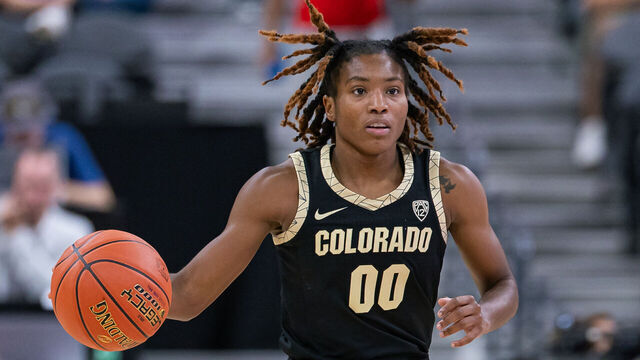 LAS VEGAS, NEVADA - NOVEMBER 6: Jaylyn Sherrod #0 of the Colorado Buffaloes brings the ball up court during the game against the LSU Lady Tigers in the Naismith Hall of Fame Series at T-Mobile Arena on November 6, 2023 in Las Vegas, Nevada.