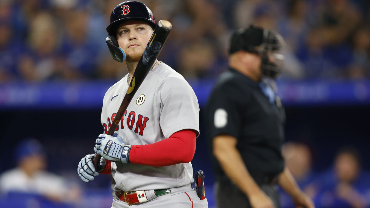 TORONTO, CANADA - SEPTEMBER 15: Alex Verdugo #99 of the Boston Red Sox at bat during their MLB game against the Toronto Blue Jays at Rogers Centre on September 15, 2023 in Toronto, Canada.
