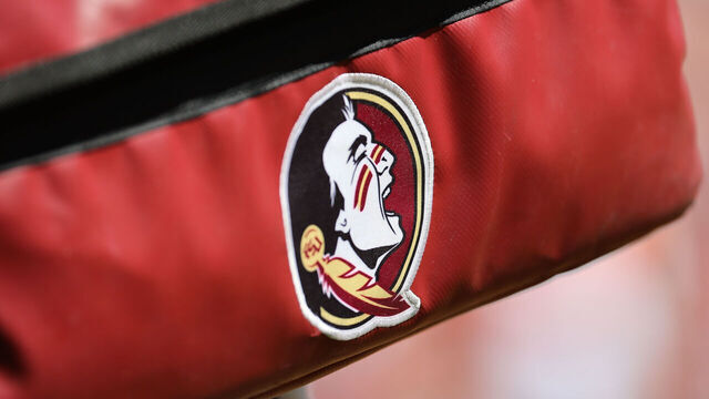 CLEMSON, SOUTH CAROLINA - SEPTEMBER 23: The Florida State Seminoles logo is shown on an equipment bag at Memorial Stadium on September 23, 2023 in Clemson, South Carolina.