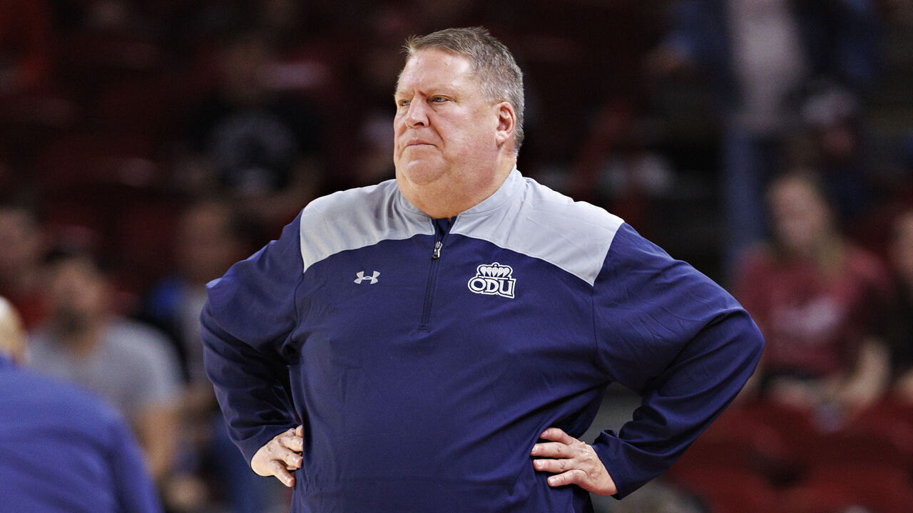FAYETTEVILLE, ARKANSAS - NOVEMBER 13: Head Coach Jeff Jones of the Old Dominion Monarchs yells to his team during the game against the Arkansas Razorbacks at Bud Walton Arena on November 13, 2023 in Fayetteville, Arkansas. The Razorbacks defeated the Monarchs 86-77.