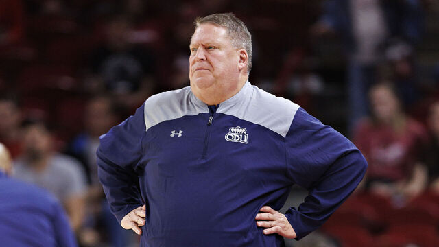 FAYETTEVILLE, ARKANSAS - NOVEMBER 13: Head Coach Jeff Jones of the Old Dominion Monarchs yells to his team during the game against the Arkansas Razorbacks at Bud Walton Arena on November 13, 2023 in Fayetteville, Arkansas. The Razorbacks defeated the Monarchs 86-77.