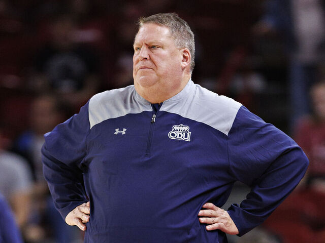 FAYETTEVILLE, ARKANSAS - NOVEMBER 13: Head Coach Jeff Jones of the Old Dominion Monarchs yells to his team during the game against the Arkansas Razorbacks at Bud Walton Arena on November 13, 2023 in Fayetteville, Arkansas. The Razorbacks defeated the Monarchs 86-77.