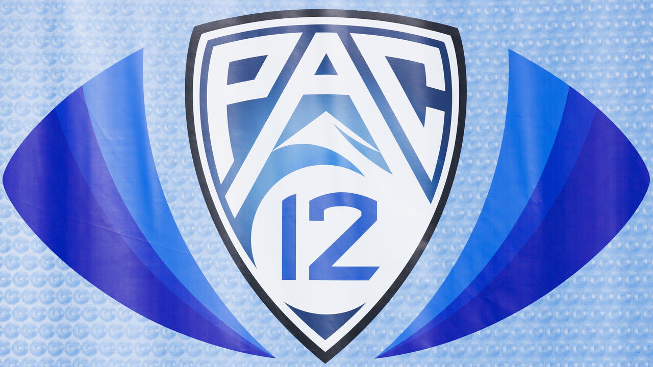 LAS VEGAS, NEVADA - DECEMBER 1: Detail view of a Pac-12 logo during the Pac-12 Championship at Allegiant Stadium on December 1, 2023 in Las Vegas, Nevada.