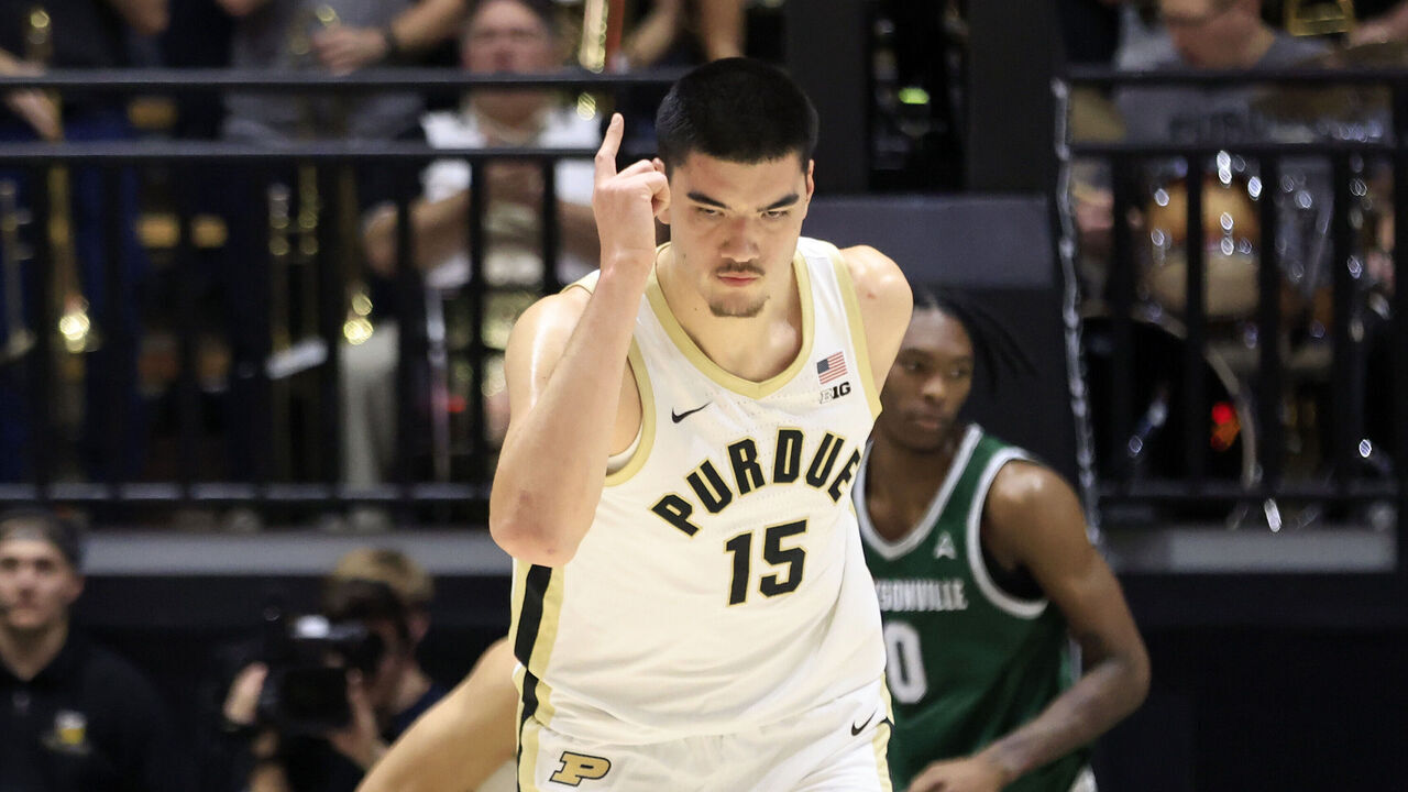 WEST LAFAYETTE, INDIANA - DECEMBER 21: Zach Edey #15 of the Purdue Boilermakers reacts after a play during the first half in the game against the Jacksonville Dolphins at Mackey Arena on December 21, 2023 in West Lafayette, Indiana.