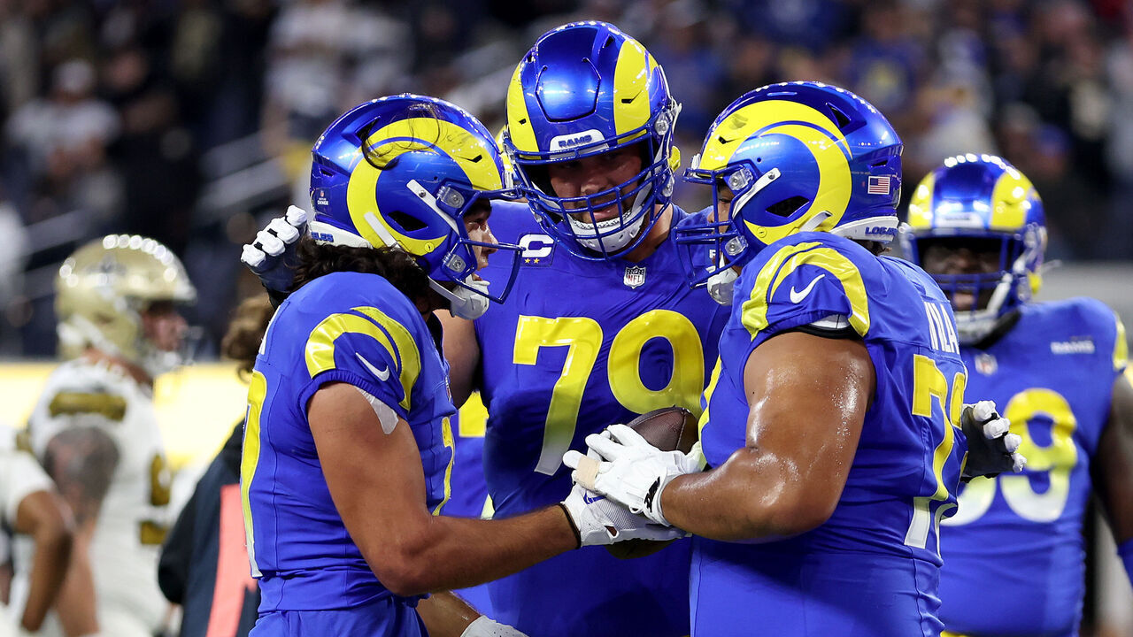 INGLEWOOD, CALIFORNIA - DECEMBER 21: Puka Nacua #17 of the Los Angeles Rams celebrates with Rob Havenstein #79 and Steve Avila #73 after scoring a touchdown against the New Orleans Saints during the first quarter of the game at SoFi Stadium on December 21, 2023 in Inglewood, California.