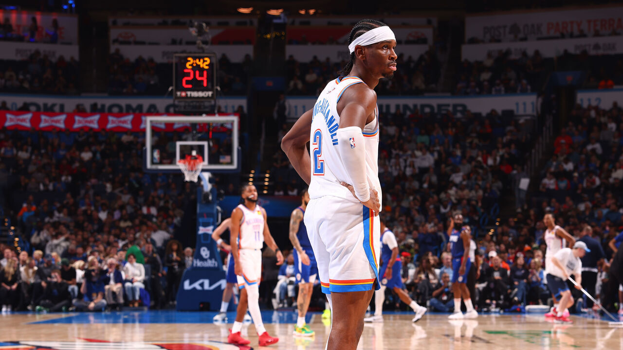 OKLAHOMA CITY, OK - DECEMBER 21: Shai Gilgeous-Alexander #2 of the Oklahoma City Thunder looks on during the game against the LA Clippers on December 21, 2023 at Paycom Arena in Oklahoma City, Oklahoma. Mandatory Copyright Notice: Copyright 2023 NBAE