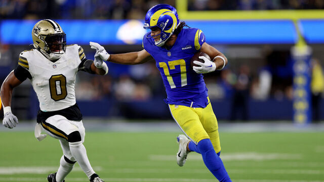 INGLEWOOD, CALIFORNIA - DECEMBER 21: Puka Nacua #17 of the Los Angeles Rams runs the ball against Ugo Amadi #0 of the New Orleans Saints during the fourth quarter at SoFi Stadium on December 21, 2023 in Inglewood, California.