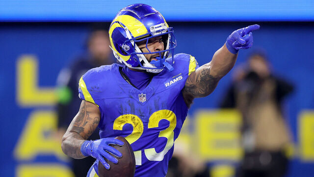 INGLEWOOD, CALIFORNIA - DECEMBER 21: Kyren Williams #23 of the Los Angeles Rams celebrates after scoring a 10 yard touchdown against the New Orleans Saints during the third quarter of the game at SoFi Stadium on December 21, 2023 in Inglewood, California.