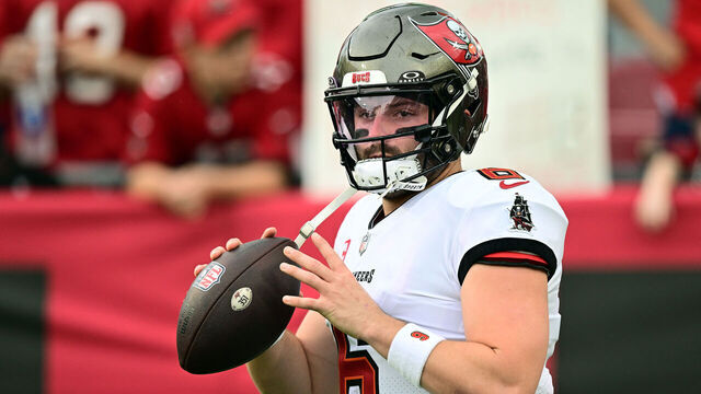 TAMPA, FLORIDA - DECEMBER 03: Baker Mayfield #6 of the Tampa Bay Buccaneers warms up prior to a game against the Carolina Panthers at Raymond James Stadium on December 03, 2023 in Tampa, Florida.