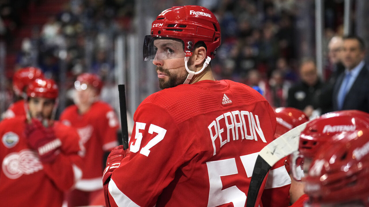 STOCKHOLM, SWEDEN - NOVEMBER 17: David Perron #57 of the Detroit Red Wings looks on from the bench during the second period of the 2023 NHL Global Series in Sweden between the Toronto Maple Leafs and the Detroit Red Wings at Avicii Arena on November 17, 2023 in Stockholm, Sweden.