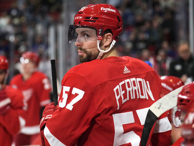 STOCKHOLM, SWEDEN - NOVEMBER 17: David Perron #57 of the Detroit Red Wings looks on from the bench during the second period of the 2023 NHL Global Series in Sweden between the Toronto Maple Leafs and the Detroit Red Wings at Avicii Arena on November 17, 2023 in Stockholm, Sweden.