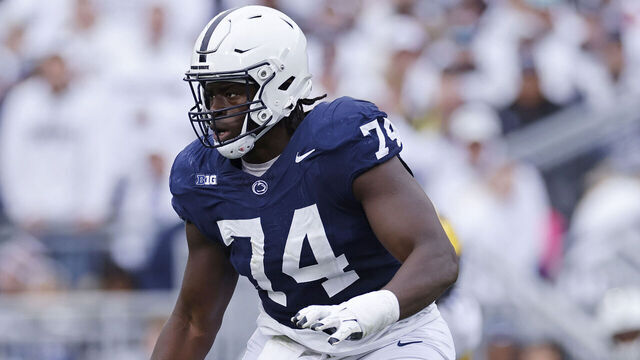 UNIVERSITY PARK, PA - NOVEMBER 11: Penn State Nittany Lions offensive lineman Olumuyiwa Fashanu (74) blocks during a college football game against the Michigan Wolverines on November 11, 2023 at Beaver Stadium in University Park, Pennsylvania.
