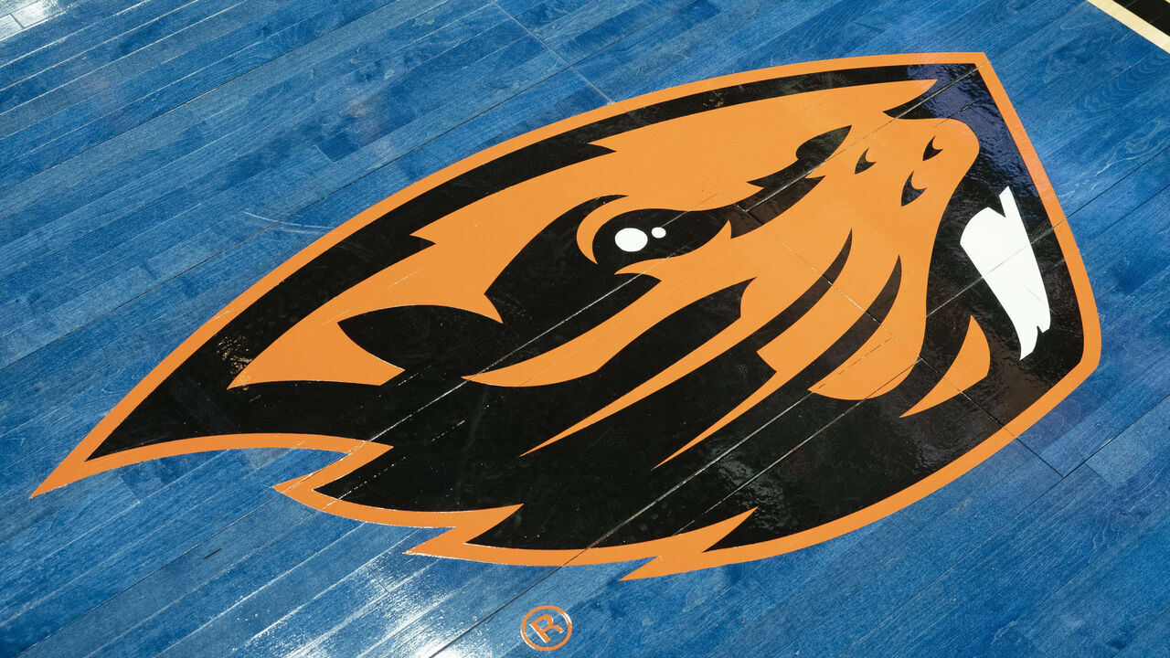 PORTLAND, OR - MARCH 31: A view of the Oregon State Beavers logo during the NCAA Division I Women's Championship Elite Eight round basketball game between the Oregon Ducks and Mississippi State Bulldogs on March 31, 2019 at Moda Center in Portland, Oregon.