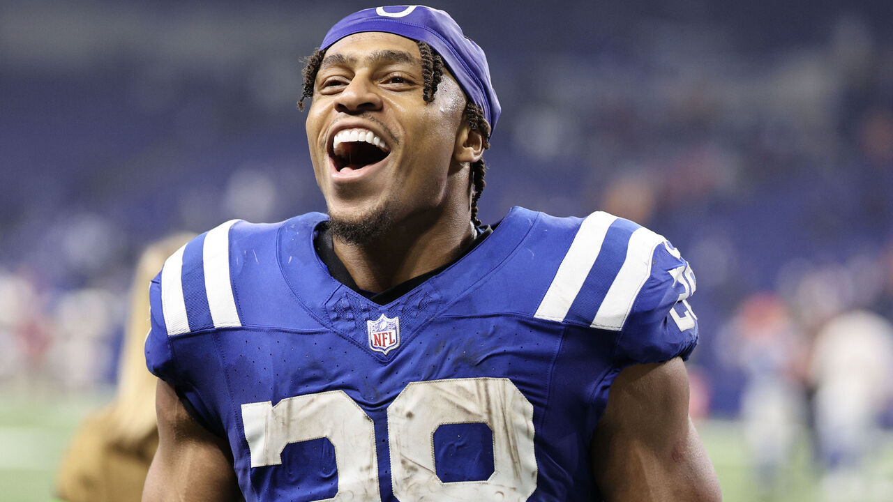 INDIANAPOLIS, INDIANA - NOVEMBER 26: Jonathan Taylor #28 of the Indianapolis Colts reacts after defeating the Tampa Bay Buccaneers at Lucas Oil Stadium on November 26, 2023 in Indianapolis, Indiana.