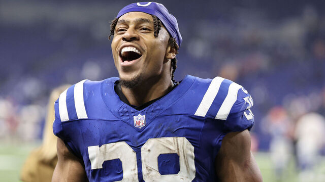 INDIANAPOLIS, INDIANA - NOVEMBER 26: Jonathan Taylor #28 of the Indianapolis Colts reacts after defeating the Tampa Bay Buccaneers at Lucas Oil Stadium on November 26, 2023 in Indianapolis, Indiana.