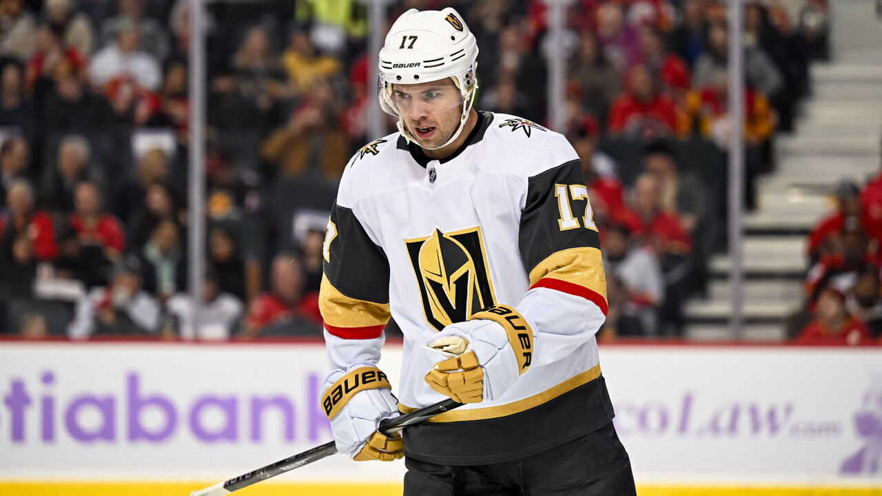 CALGARY, AB - NOVEMBER 27: Vegas Golden Knights Defenceman Ben Hutton (17) looks on during the first period of an NHL game between the Calgary Flames and the Vegas Golden Knights on November 27, 2023, at the Scotiabank Saddledome in Calgary, AB.