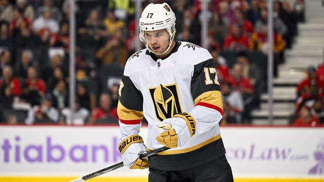 CALGARY, AB - NOVEMBER 27: Vegas Golden Knights Defenceman Ben Hutton (17) looks on during the first period of an NHL game between the Calgary Flames and the Vegas Golden Knights on November 27, 2023, at the Scotiabank Saddledome in Calgary, AB.