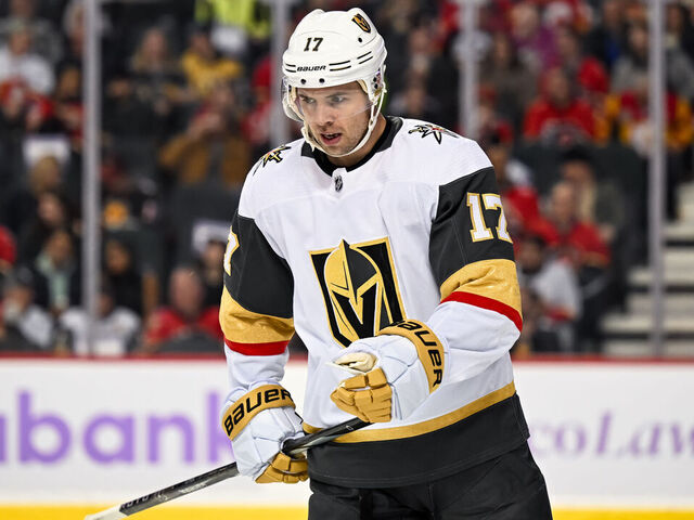 CALGARY, AB - NOVEMBER 27: Vegas Golden Knights Defenceman Ben Hutton (17) looks on during the first period of an NHL game between the Calgary Flames and the Vegas Golden Knights on November 27, 2023, at the Scotiabank Saddledome in Calgary, AB.