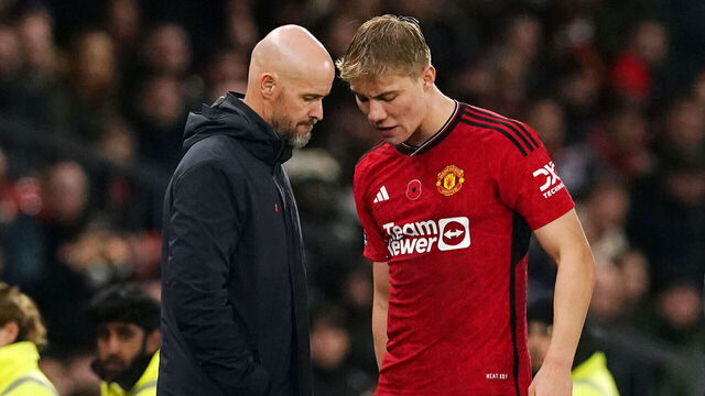Manchester United's Rasmus Hojlund walks by manager Erik ten Hag after he goes off with an injury during the Premier League match at Old Trafford, Manchester. Picture date: Saturday November 11, 2023.