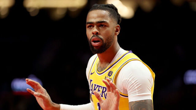 PORTLAND, OREGON - NOVEMBER 17: D'Angelo Russell #1 of the Los Angeles Lakers reacts during the game against the Portland Trail Blazers at Moda Center on November 17, 2023 in Portland, Oregon.