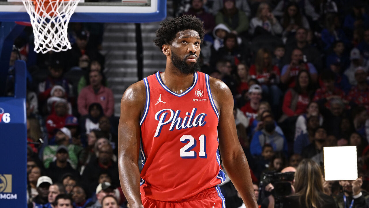 PHILADELPHIA, PA - DECEMBER 22: Joel Embiid #21 of the Philadelphia 76ers looks on during the game against the Toronto Raptors on December 22, 2023 at the Wells Fargo Center in Philadelphia, Pennsylvania NOTE TO USER: User expressly acknowledges and agrees that, by downloading and/or using this Photograph, user is consenting to the terms and conditions of the Getty Images License Agreement. Mandatory Copyright Notice: Copyright 2023 NBAE