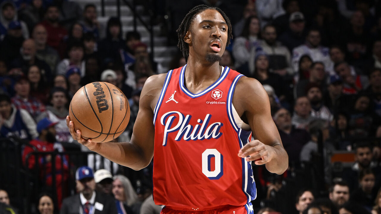 PHILADELPHIA, PA - DECEMBER 22: Tyrese Maxey #0 of the Philadelphia 76ers dribbles the ball during the game against the Toronto Raptors on December 22, 2023 at the Wells Fargo Center in Philadelphia, Pennsylvania NOTE TO USER: User expressly acknowledges and agrees that, by downloading and/or using this Photograph, user is consenting to the terms and conditions of the Getty Images License Agreement. Mandatory Copyright Notice: Copyright 2023 NBAE
