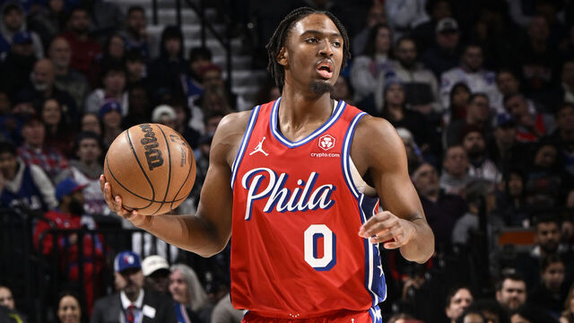 PHILADELPHIA, PA - DECEMBER 22: Tyrese Maxey #0 of the Philadelphia 76ers dribbles the ball during the game against the Toronto Raptors on December 22, 2023 at the Wells Fargo Center in Philadelphia, Pennsylvania NOTE TO USER: User expressly acknowledges and agrees that, by downloading and/or using this Photograph, user is consenting to the terms and conditions of the Getty Images License Agreement. Mandatory Copyright Notice: Copyright 2023 NBAE
