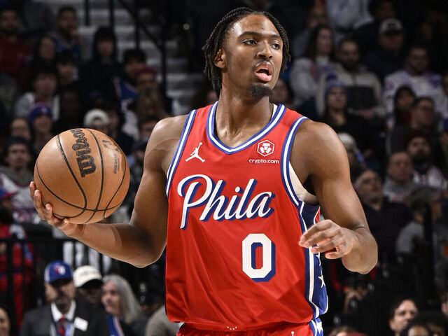PHILADELPHIA, PA - DECEMBER 22: Tyrese Maxey #0 of the Philadelphia 76ers dribbles the ball during the game against the Toronto Raptors on December 22, 2023 at the Wells Fargo Center in Philadelphia, Pennsylvania NOTE TO USER: User expressly acknowledges and agrees that, by downloading and/or using this Photograph, user is consenting to the terms and conditions of the Getty Images License Agreement. Mandatory Copyright Notice: Copyright 2023 NBAE