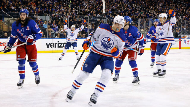 NEW YORK, NEW YORK - DECEMBER 22: Warren Foegele #37 of the Edmonton Oilers celebrates his third period goal against the New York Rangers at Madison Square Garden on December 22, 2023 in New York City. The Oilers defeated the Rangers 4-3.