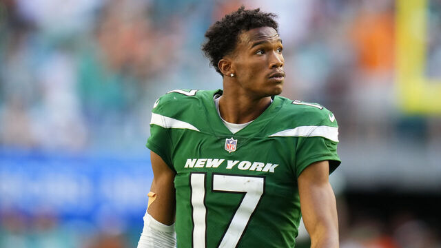 MIAMI GARDENS, FLORIDA - DECEMBER 17: Garrett Wilson #17 of the New York Jets exits the field at half time against the Miami Dolphins at Hard Rock Stadium on December 17, 2023 in Miami Gardens, Florida.