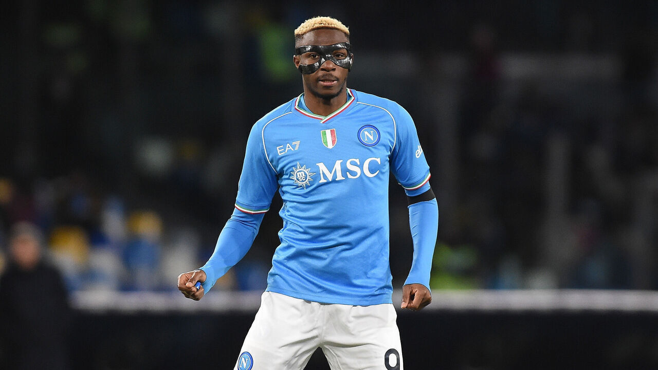 Victor Osimhen of SSC Napoli during the Serie A TIM match between SSC Napoli and Cagliari Calcio at Stadio Diego Armando Maradona Naples Italy on 16 December 2023.