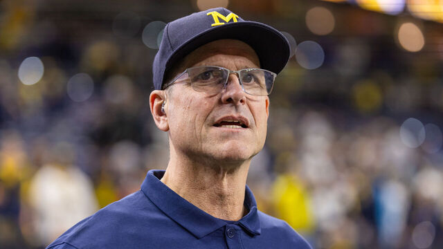 INDIANAPOLIS, INDIANA - DECEMBER 2: Head coach Jim Harbaugh of the Michigan Wolverines is seen after the Big Ten Championship against the Iowa Hawkeyes at Lucas Oil Stadium on December 2, 2023 in Indianapolis, Indiana.