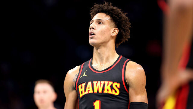 CHARLOTTE, NORTH CAROLINA - OCTOBER 25: Jalen Johnson #1 of the Atlanta Hawks prepares to shoot a free throw during the first half of a basketball game against the Charlotte Hornets at Spectrum Center on October 25, 2023 in Charlotte, North Carolina.