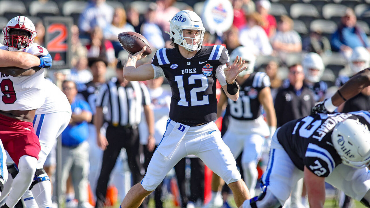 BIRMINGHAM, ALABAMA - DECEMBER 23: Grayson Loftis #12 of the Duke Blue Devils throws downfield against the Troy Trojans during the first half of the 76 Birmingham Bowl at Protective Stadium on December 23, 2023 in Birmingham, Alabama.