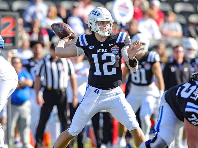 BIRMINGHAM, ALABAMA - DECEMBER 23: Grayson Loftis #12 of the Duke Blue Devils throws downfield against the Troy Trojans during the first half of the 76 Birmingham Bowl at Protective Stadium on December 23, 2023 in Birmingham, Alabama.