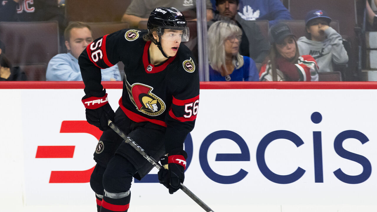 OTTAWA, ON - SEPTEMBER 24: Ottawa Senators Defenceman Jorian Donovan (56) skates with the puck during third period National Hockey League preseason action between the Toronto Maple Leafs and Ottawa Senators on September 24, 2023, at Canadian Tire Centre in Ottawa, ON, Canada.