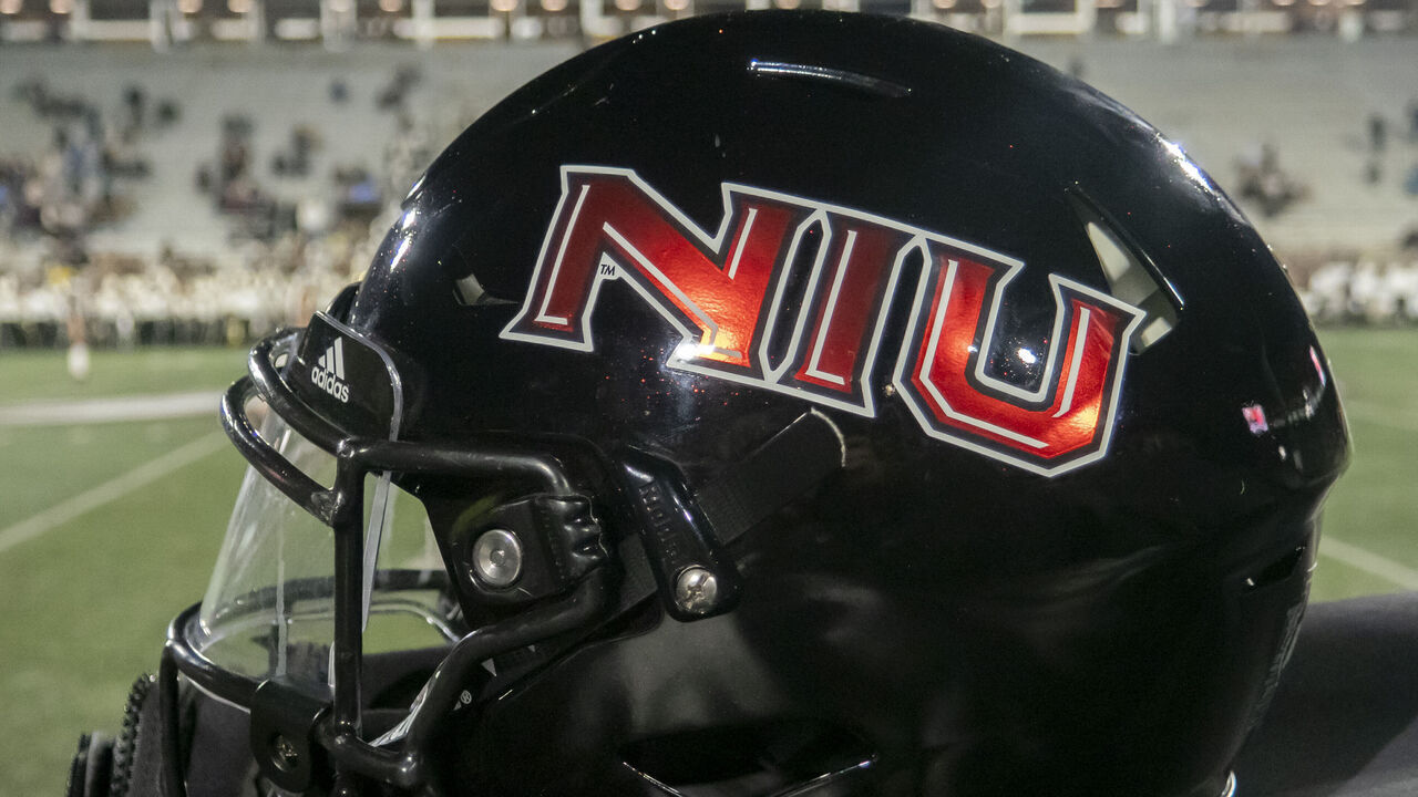 KALAMAZOO, MI - NOVEMBER 09: A general view of a Northern Illinois Huskies Adidas helmet before the college football game between the Northern Illinois Huskies and Western Michigan Broncos on November 09, 2022, at Waldo Stadium in Kalamazoo, MI.