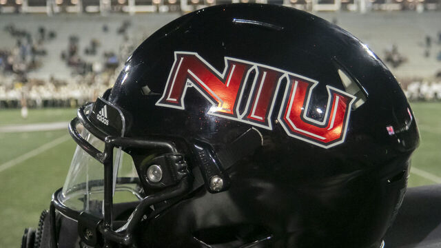KALAMAZOO, MI - NOVEMBER 09: A general view of a Northern Illinois Huskies Adidas helmet before the college football game between the Northern Illinois Huskies and Western Michigan Broncos on November 09, 2022, at Waldo Stadium in Kalamazoo, MI.