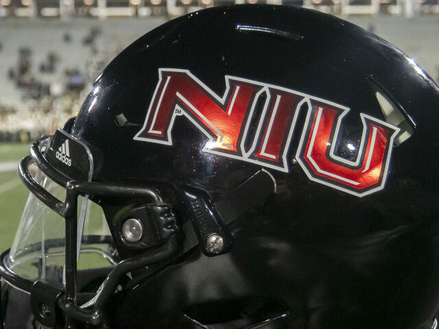 KALAMAZOO, MI - NOVEMBER 09: A general view of a Northern Illinois Huskies Adidas helmet before the college football game between the Northern Illinois Huskies and Western Michigan Broncos on November 09, 2022, at Waldo Stadium in Kalamazoo, MI.