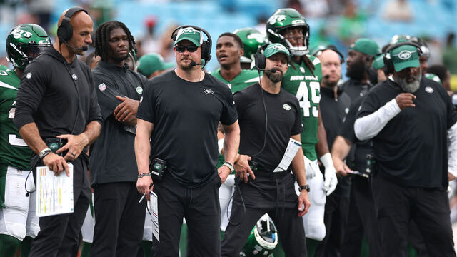CHARLOTTE, NORTH CAROLINA - AUGUST 12: Head coach Robert Saleh(L) and offensive coordinator Nathaniel Hackett of the New York Jets look on during the fourth quarter of a preseason game against the Carolina Panthers at Bank of America Stadium on August 12, 2023 in Charlotte, North Carolina.