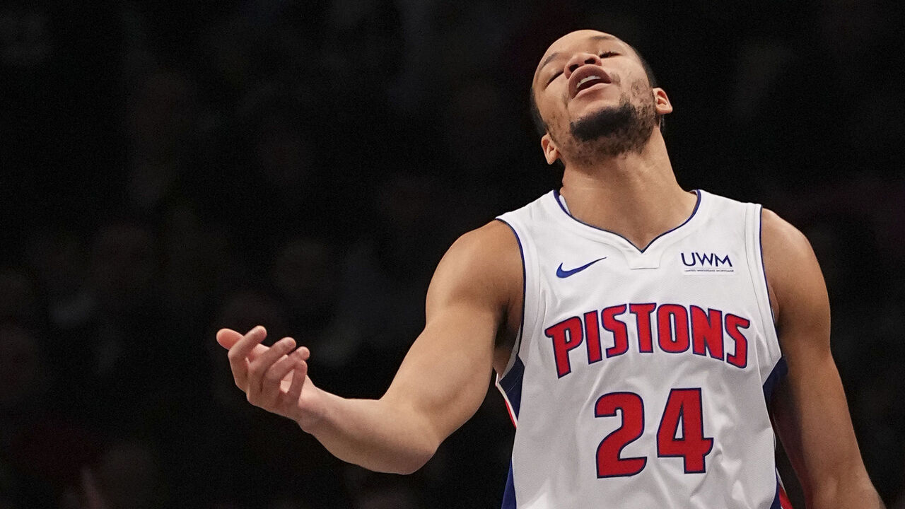 NEW YORK, NEW YORK - DECEMBER 23: Kevin Knox II #24 of the Detroit Pistons reacts against the Brooklyn Nets in the first half at Barclays Center on December 23, 2023 in the Brooklyn borough of New York City.