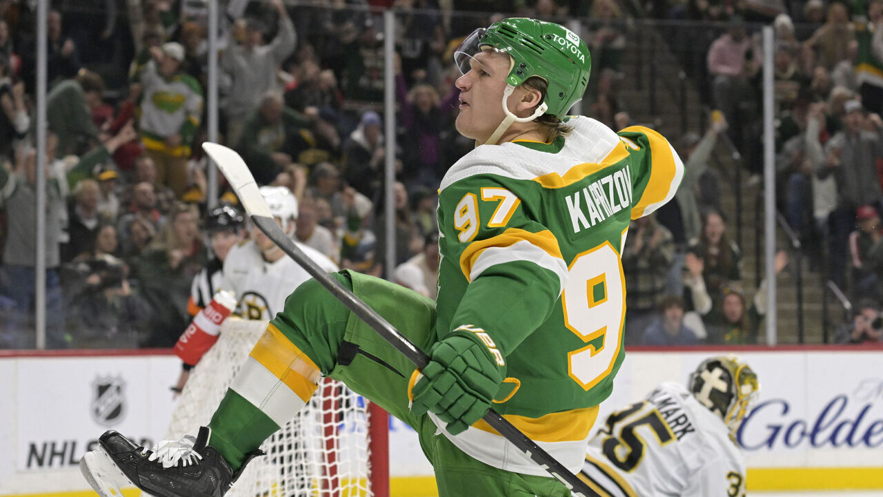 ST. PAUL, MN - DECEMBER 23: Minnesota Wild Left Wing Kirill Kaprizov (97) celebrates his goal during the second period of an NHL game between the Minnesota Wild and Boston Bruins on December 23, 2023, at Xcel Energy Center in St. Paul, MN.