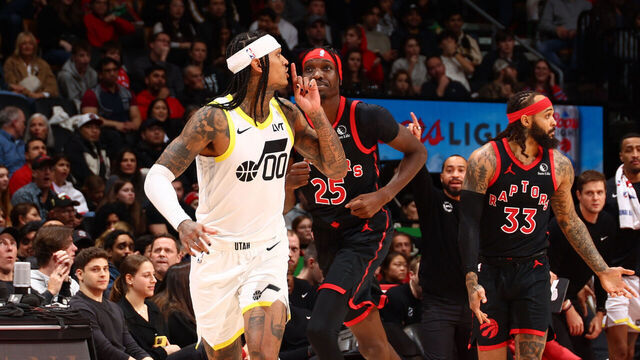 TORONTO, CANADA - DECEMBER 23: Jordan Clarkson #00 of the Utah Jazz reacts during the game against the Toronto Raptors on December 23, 2023 at the Scotiabank Arena in Toronto, Ontario, Canada. Mandatory Copyright Notice: Copyright 2023 NBAE