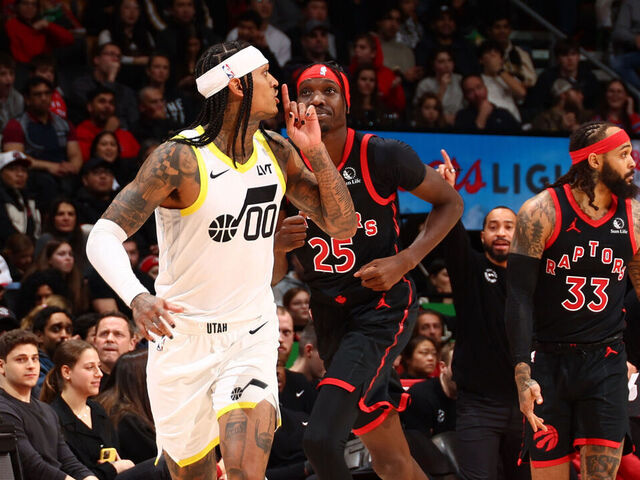 TORONTO, CANADA - DECEMBER 23: Jordan Clarkson #00 of the Utah Jazz reacts during the game against the Toronto Raptors on December 23, 2023 at the Scotiabank Arena in Toronto, Ontario, Canada. Mandatory Copyright Notice: Copyright 2023 NBAE