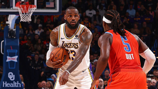 OKLAHOMA CITY, OK - DECEMBER 23: LeBron James #23 of the Los Angeles Lakers signals during the game against the Oklahoma City Thunder on December 23, 2023 at Paycom Arena in Oklahoma City, Oklahoma. Mandatory Copyright Notice: Copyright 2023 NBAE
