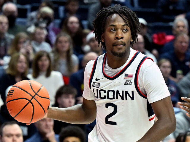 STORRS, CONNECTICUT - DECEMBER 09: Tristen Newton #2 of the Connecticut Huskies handles the ball against the Arkansas-Pine Bluff Golden Lions at Harry A. Gampel Pavilion on December 09, 2023 in Storrs, Connecticut.