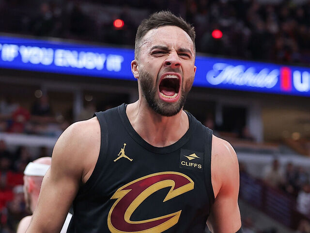 CHICAGO, IL - DECEMBER 23: Max Strus #1 of the Cleveland Cavaliers reacts after a slam dunk during the second half against the Chicago Bulls at the United Center on December 23, 2023 in Chicago, Illinois.