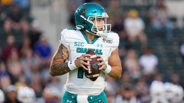 HONOLULU, HAWAII - DECEMBER 23: Ethan Vasko #16 of the Coastal Carolina Chanticleers looks downfield for an open receiver during the first half of the Hawaii Bowl against the San Jose State Spartans at Clarence T.C. Ching Athletics Complex on December 23, 2023 in Honolulu, Hawaii.