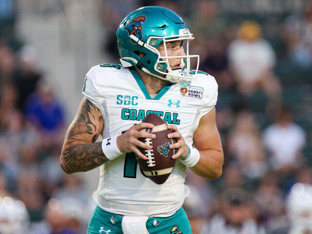 HONOLULU, HAWAII - DECEMBER 23: Ethan Vasko #16 of the Coastal Carolina Chanticleers looks downfield for an open receiver during the first half of the Hawaii Bowl against the San Jose State Spartans at Clarence T.C. Ching Athletics Complex on December 23, 2023 in Honolulu, Hawaii.