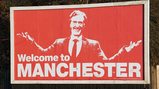 A general view of a billboard featuring prospective Manchester United stakeholder Sir Jim Ratcliffe near Old Trafford, home of Manchester United. Picture date: Tuesday December 5, 2023.